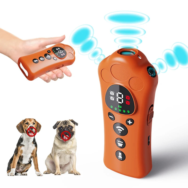 An orange ultrasonic dog repeller device is shown with a hand demonstrating its use, next to two dogs.