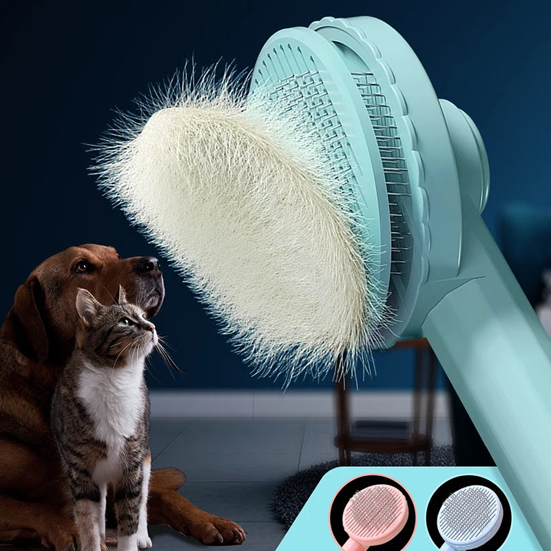 A light blue pet hair removal brush is shown next to a dog and a cat.