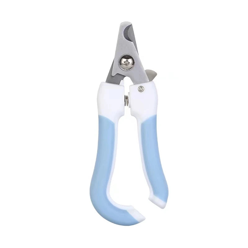 Stainless steel pet nail clippers with white and light blue handles