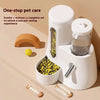 Set of white automatic pet feeder and water dispenser for pets.