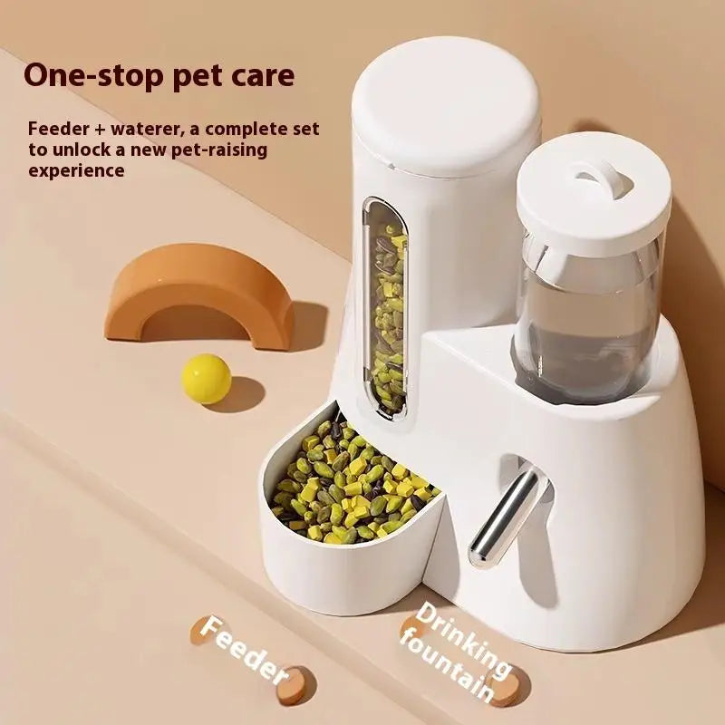 Set of white automatic pet feeder and water dispenser for pets.