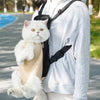 A white cat is sitting inside an adjustable black backpack carrier worn by a person outdoors.