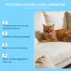 A fluffy orange cat is relaxing on a white sofa, with text listing product features for stain and odor elimination.