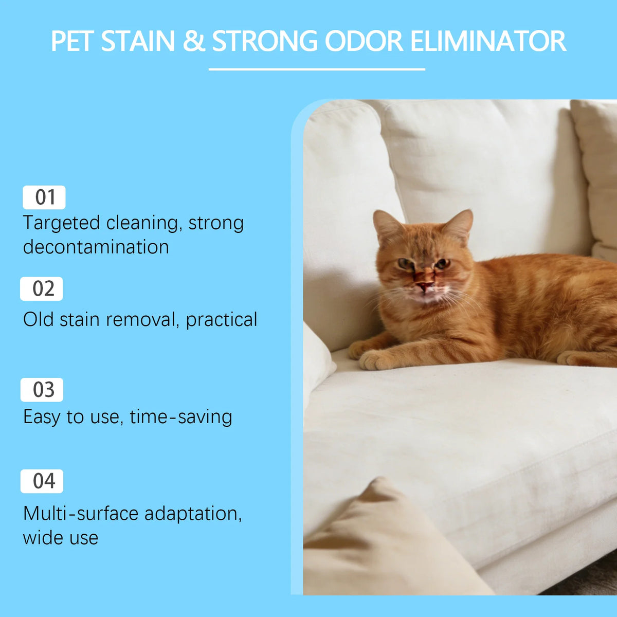 A fluffy orange cat is relaxing on a white sofa, with text listing product features for stain and odor elimination.