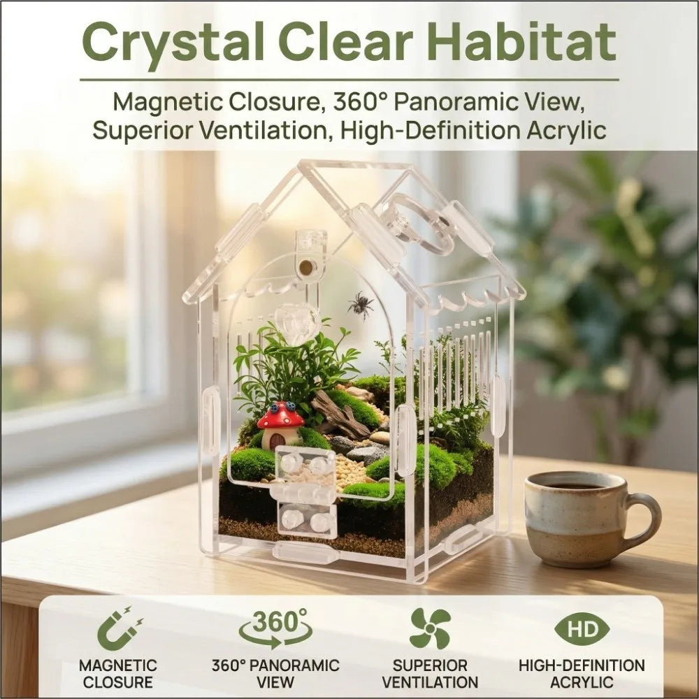 A clear acrylic terrarium with a magnetic closure, showcasing a natural habitat for insects and plants.