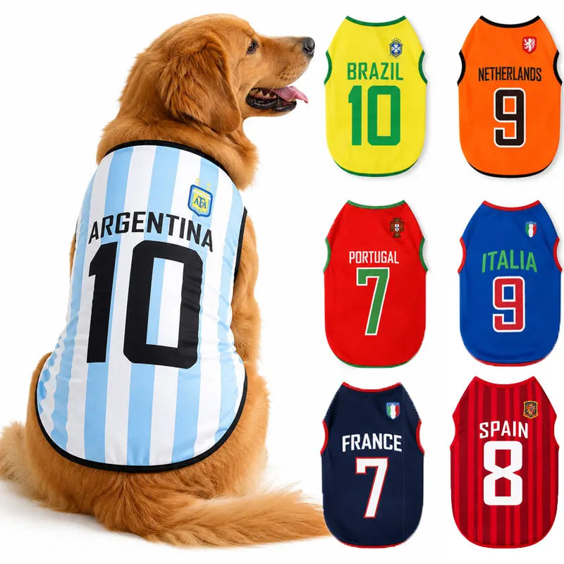 A golden retriever wearing a sports team vest featuring the number 10 in blue and white stripes.