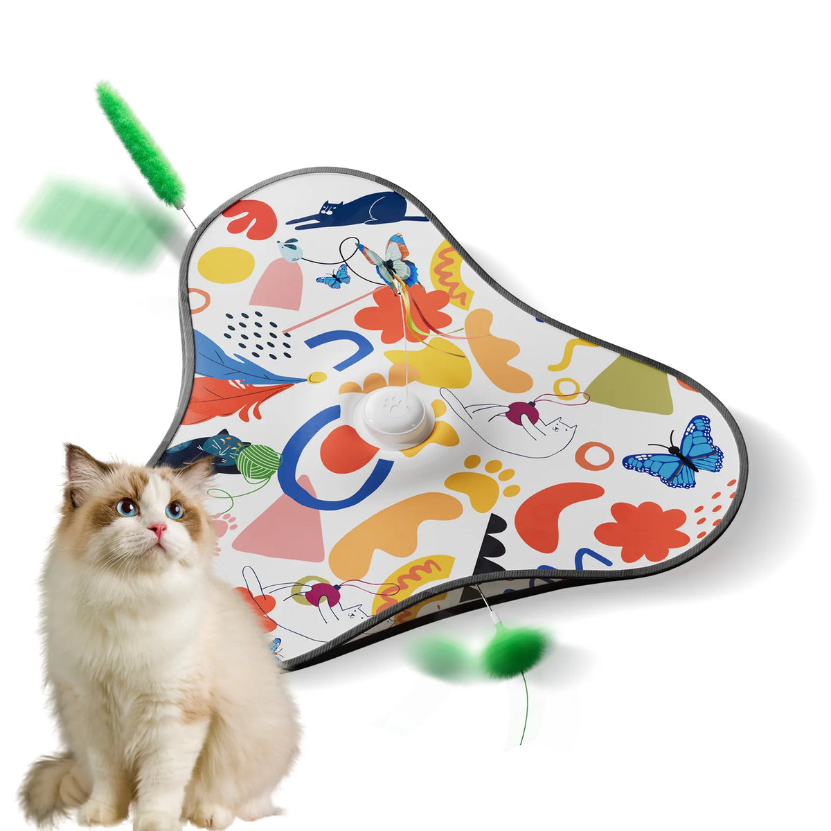 A fluffy ginger cat sits next to an interactive hide and seek cat toy featuring colorful patterns and a feather.