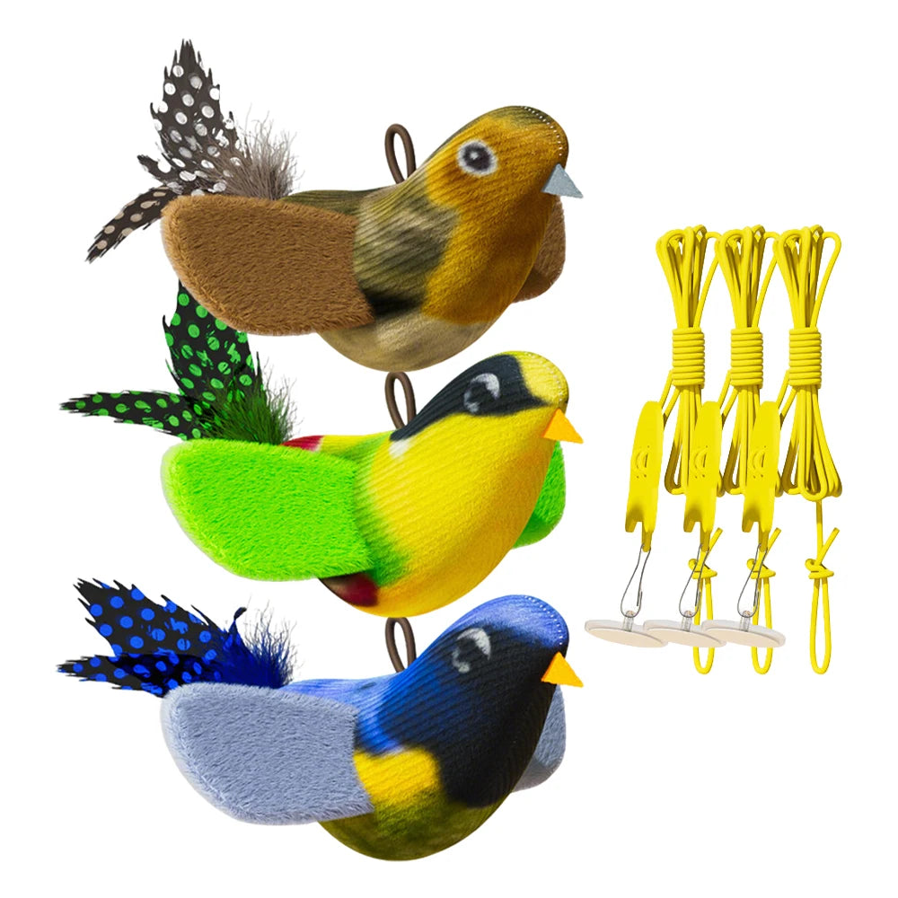 A collection of colorful, feathered cat toys including a brown bird, a green bird, and a blue bird, with yellow hanging strin