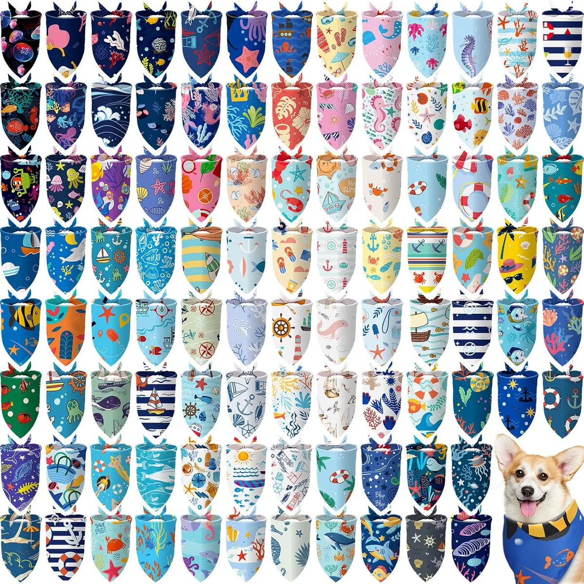 A collection of 100 dog bandanas featuring various donut print designs for holidays and parties.