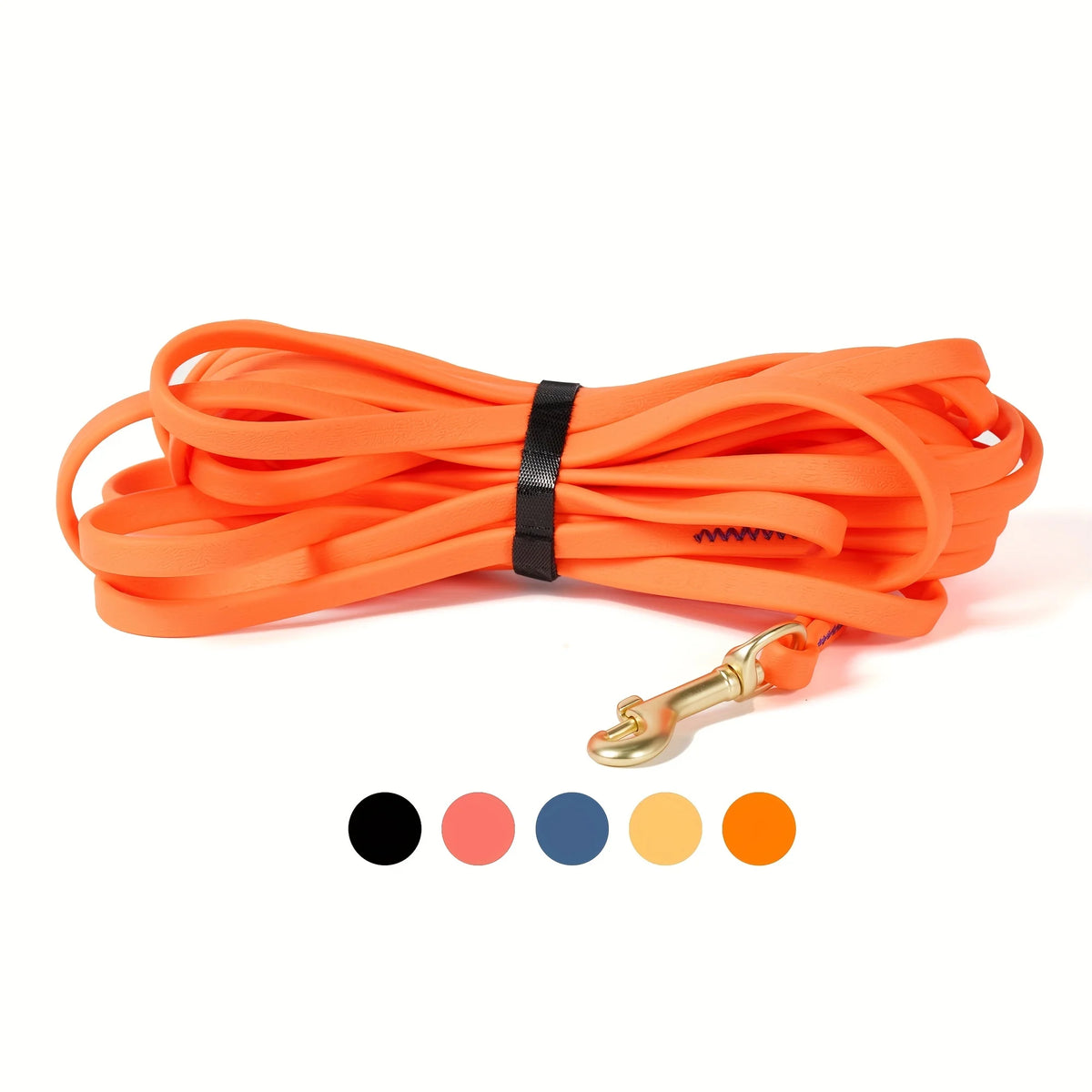 Orange heavy-duty waterproof dog leash with a black strap and brass clip.