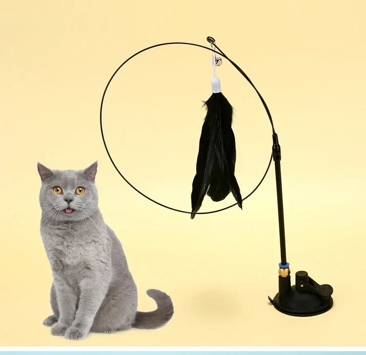 A gray cat sits next to a black suction cup wand with a feather toy attached, demonstrating the cat teaser.