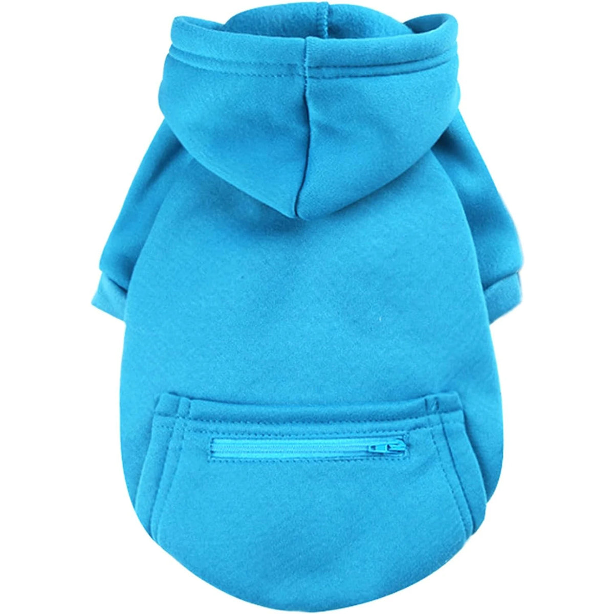 A bright blue dog and cat zippered hoodie with a hood and a front pocket.