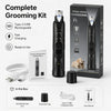 A complete grooming kit featuring a black rechargeable pet nail grinder, charging cable, and user manual displayed in a box.
