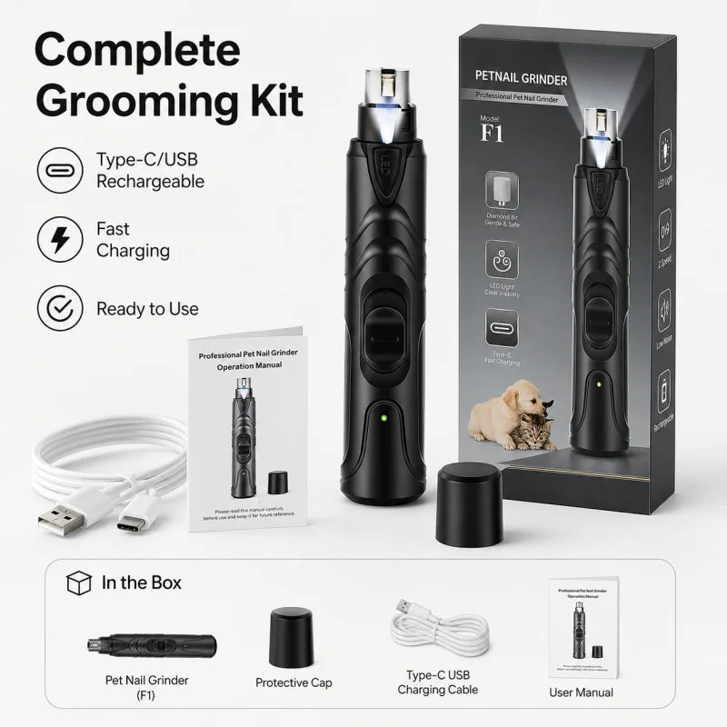 A complete grooming kit featuring a black rechargeable pet nail grinder, charging cable, and user manual displayed in a box.