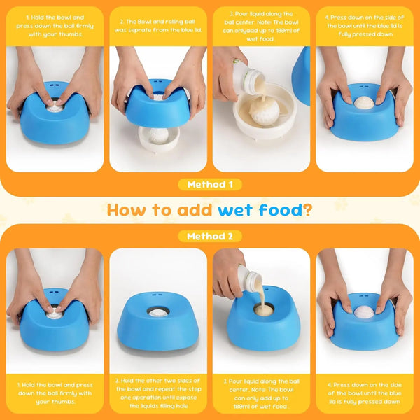 Instructions showing how to add wet food to a blue Lick Sphere slow feeder bowl for dogs