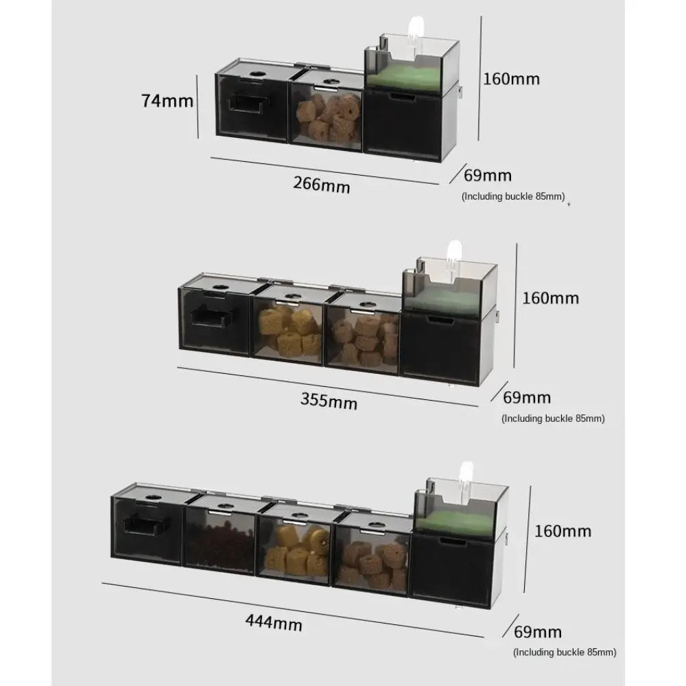 A set of three black external aquarium filters with clear compartments and oxygenation features shown in various configuratio