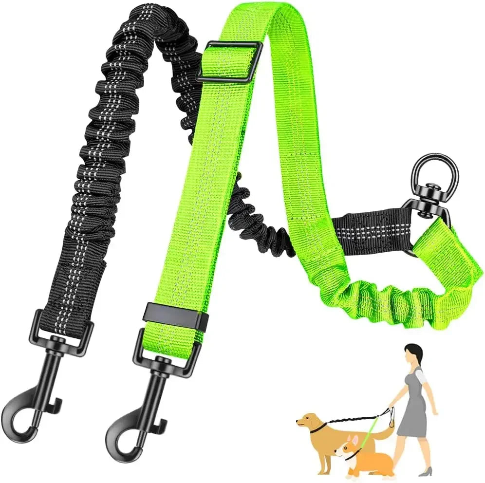 A bright lime green dual dog leash attachment with a shock-absorbing bungee and black webbing.