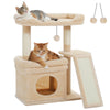 A beige cat tree with sisal scratching posts and cozy perches, featuring a cat resting on a perch.