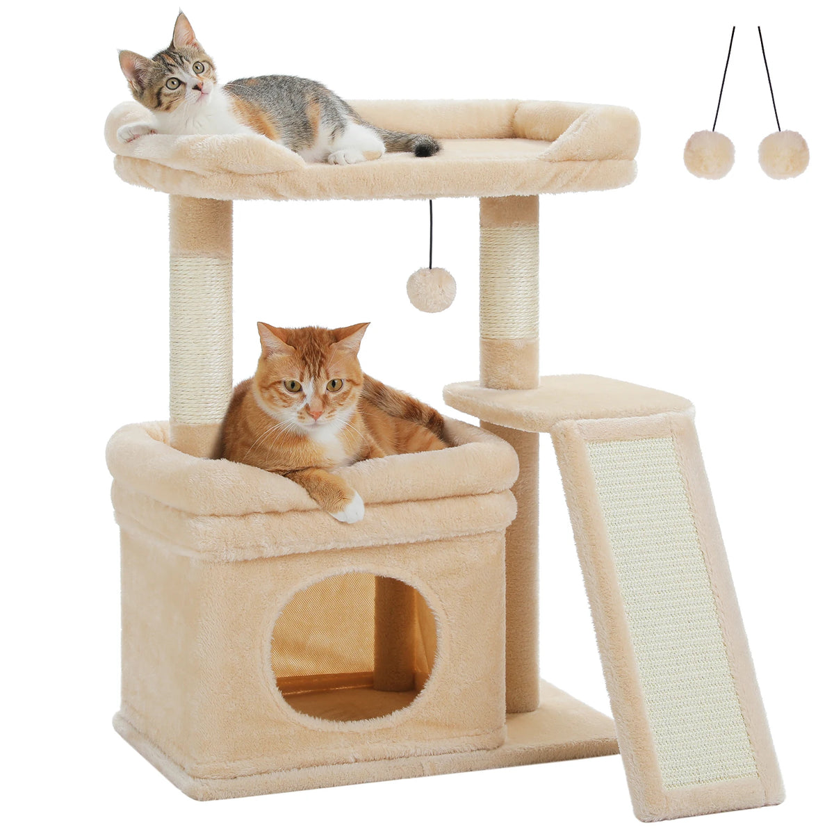 A beige cat tree with sisal scratching posts and cozy perches, featuring a cat resting on a perch.