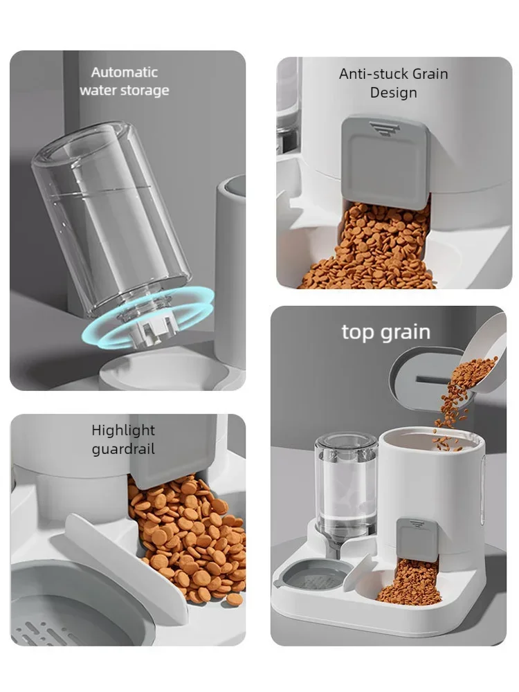 A white automatic pet feeder and water dispenser showing various features like water storage, grain dispensing, and a guardra