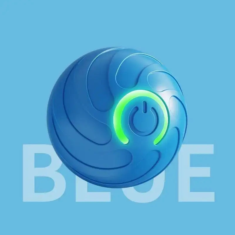 Helles blaues, kugelförmiges interaktives Spielzeug für Haustiere mit einem leuchtenden grünen Power-Symbol auf der Oberfläch