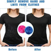Before and after comparison showing how to simply remove hairs and lint from clothes using reusable lint catchers