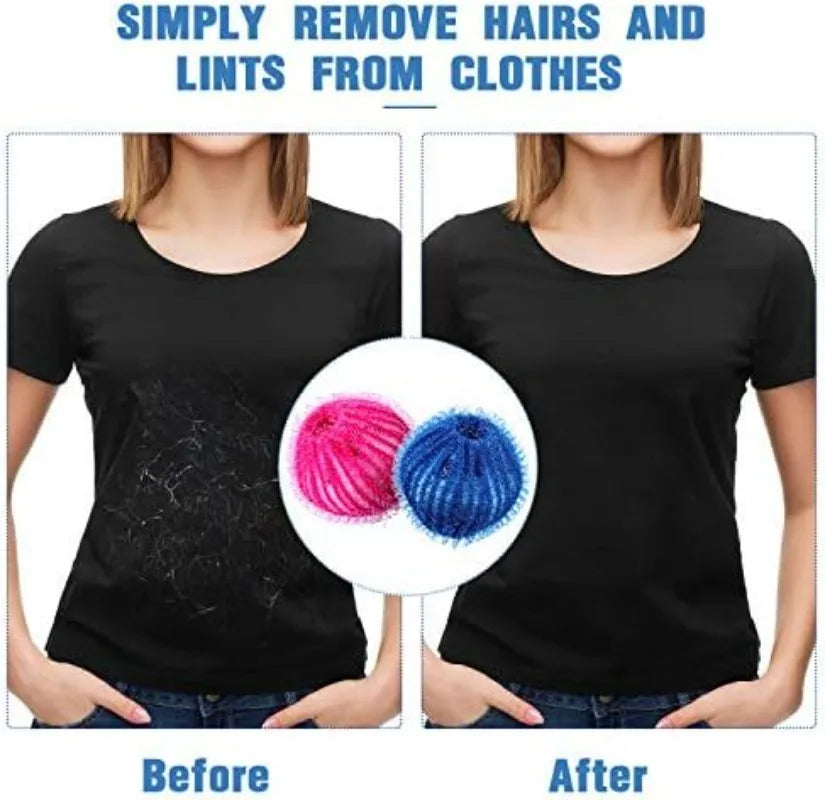 Before and after comparison showing how to simply remove hairs and lint from clothes using reusable lint catchers