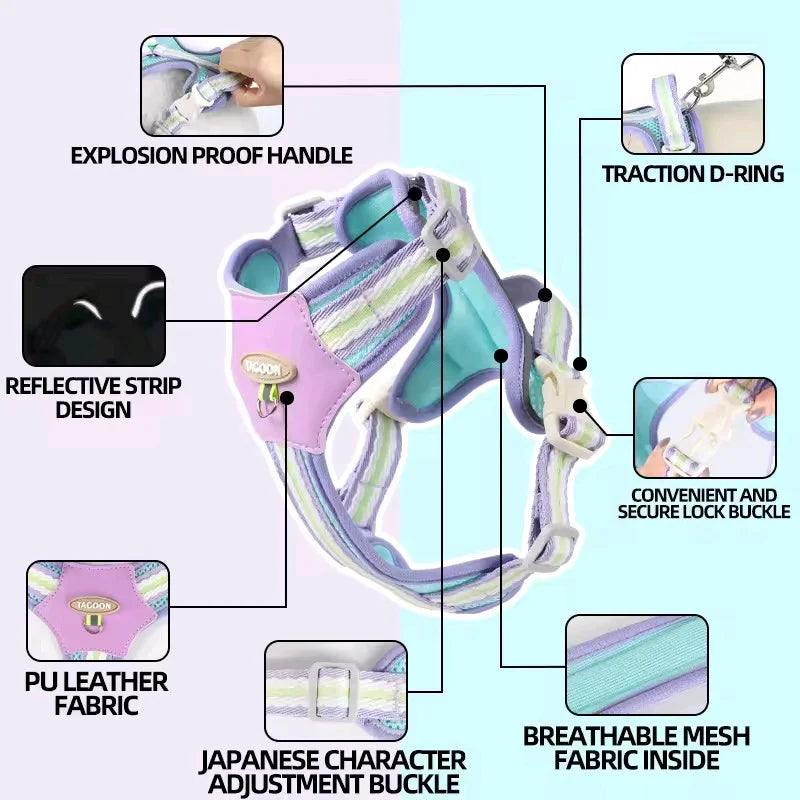 A purple and green adjustable dog harness featuring an explosion proof handle, traction D-ring, reflective strip design, PU l