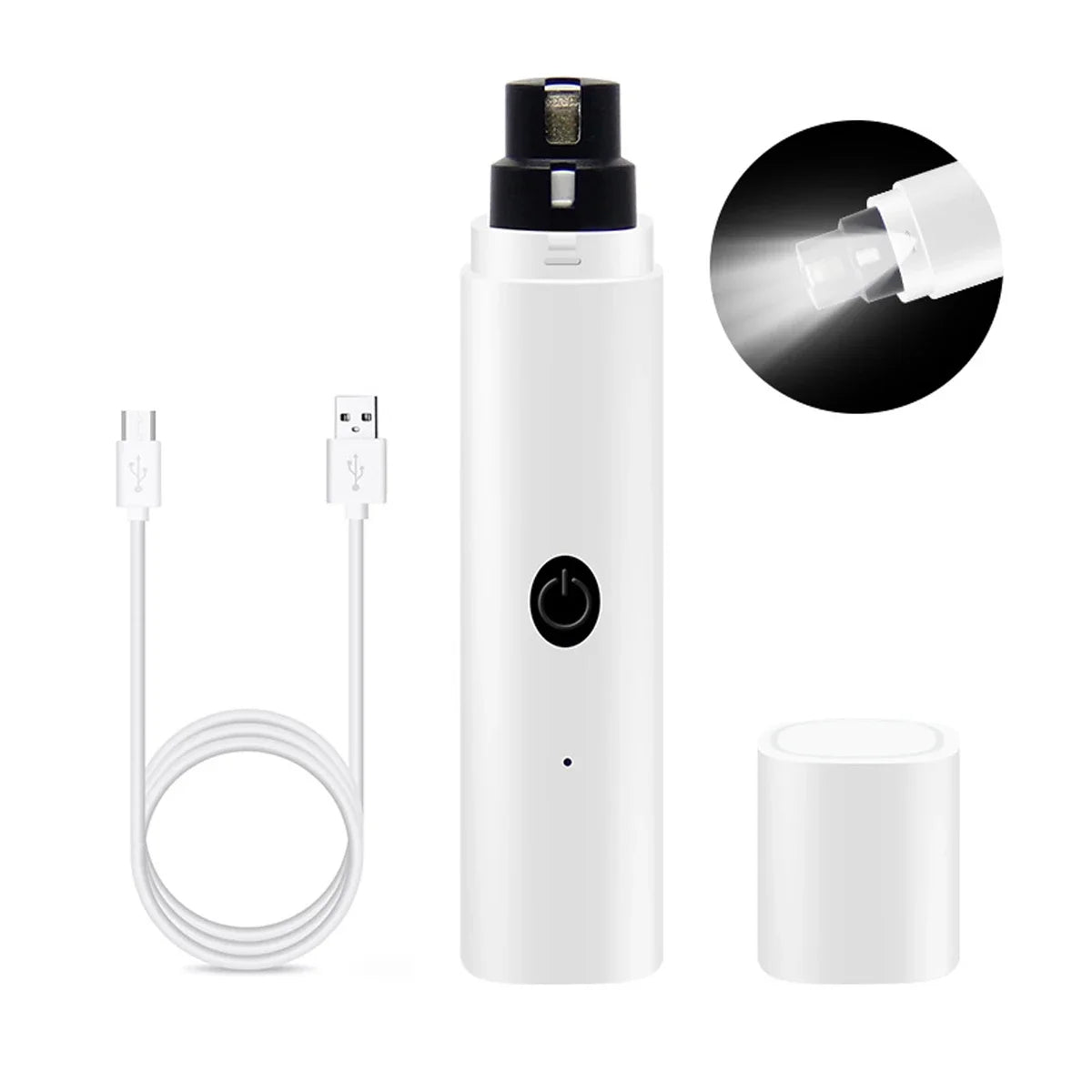 A white rechargeable electric dog nail grinder with a charging cable and a round head view.