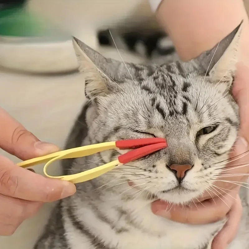 A cat is being held by a person while a yellow and red comb is used on its face.