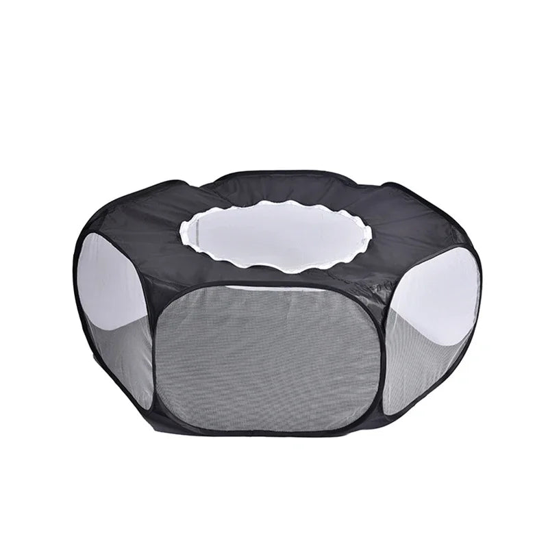 Cage portable noire pour animaux de compagnie avec grille filet pour chats et petits chiens.