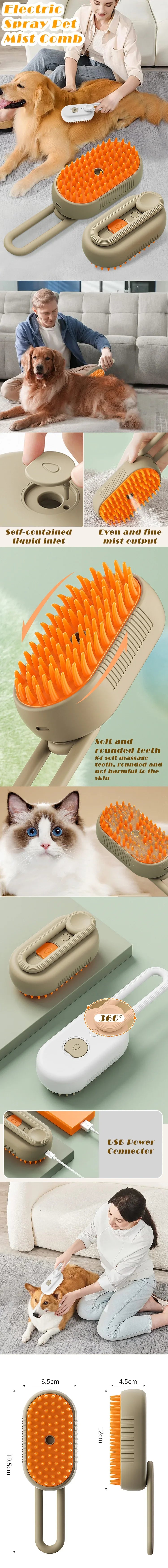 A close-up view of an orange pet grooming brush with a handle and a white spray nozzle, shown next to a cat.