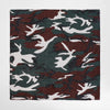 A close-up of a dark green and brown camouflage print cotton bandana.