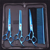 A set of professional stainless steel pet grooming scissors in blue and silver against a dark gray case.