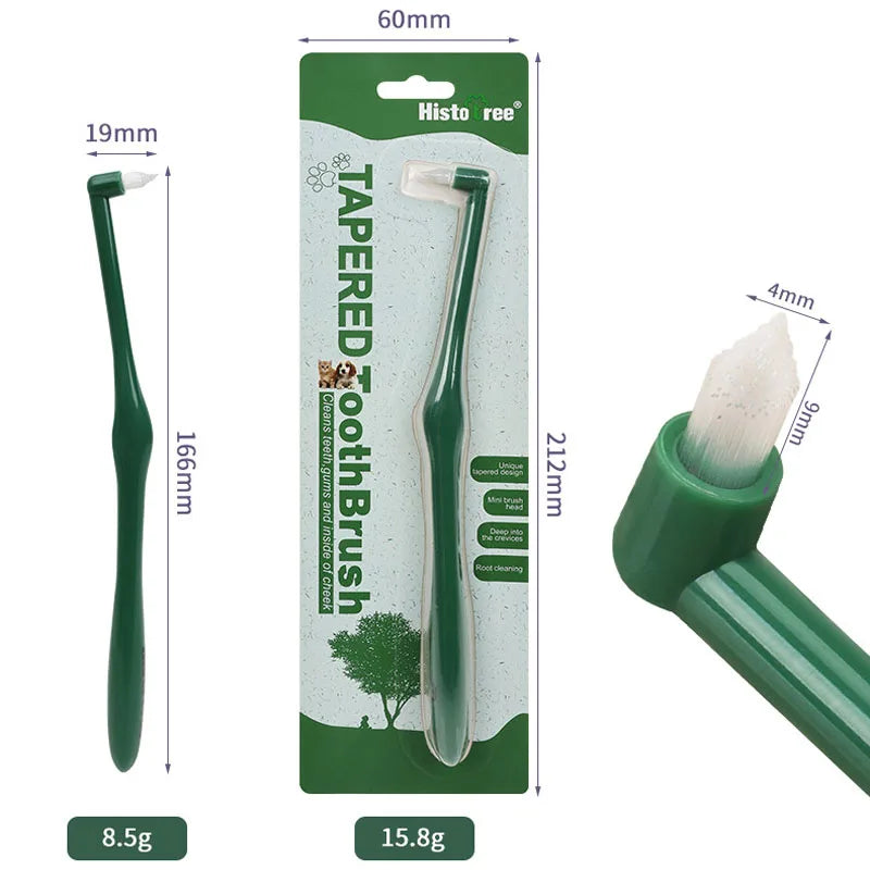 A green tapered tooth brush for pets, shown with dimensions and weight.