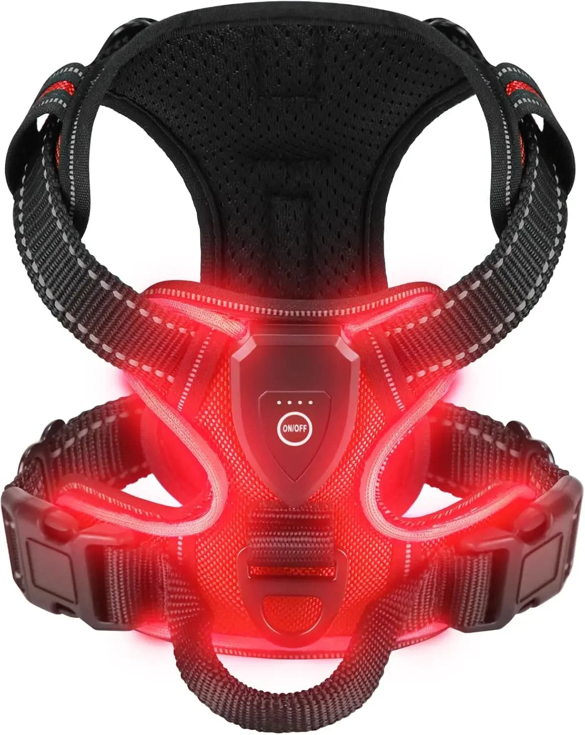 A red LED glowing dog harness designed for night walking.