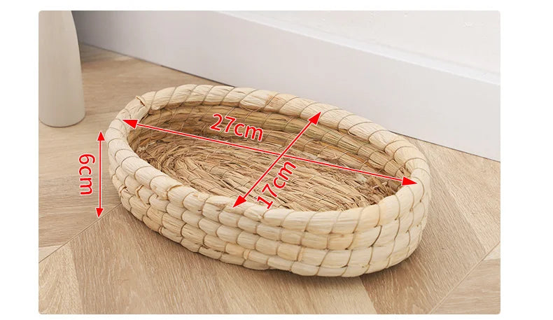 A round, natural straw woven mat with dimensions marked for a small rodent.