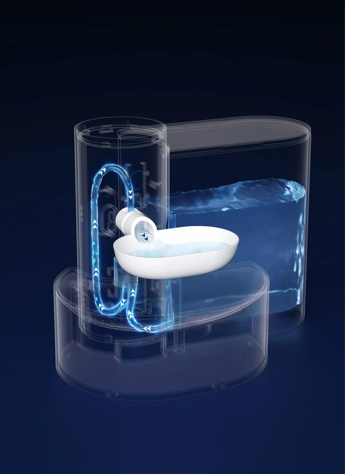 A transparent automatic pet drinking water dispenser with a white bowl and blue glowing tubing is shown on a dark surface.