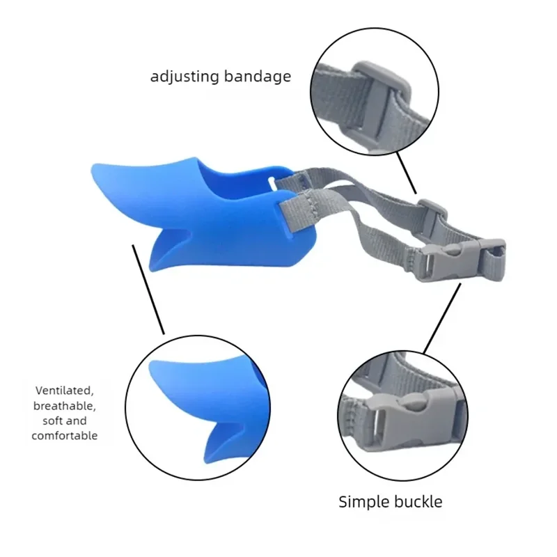 A blue soft silicone dog muzzle showing an adjusting bandage and a simple buckle detail.