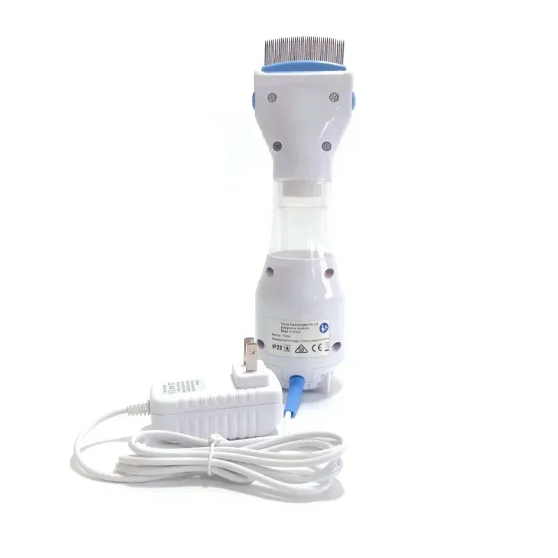 A white pet electric lice grabber comb with a blue cord and brush head.
