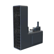 A dark gray smart aquarium unit with a vertical panel and an attached remote feeding mechanism.