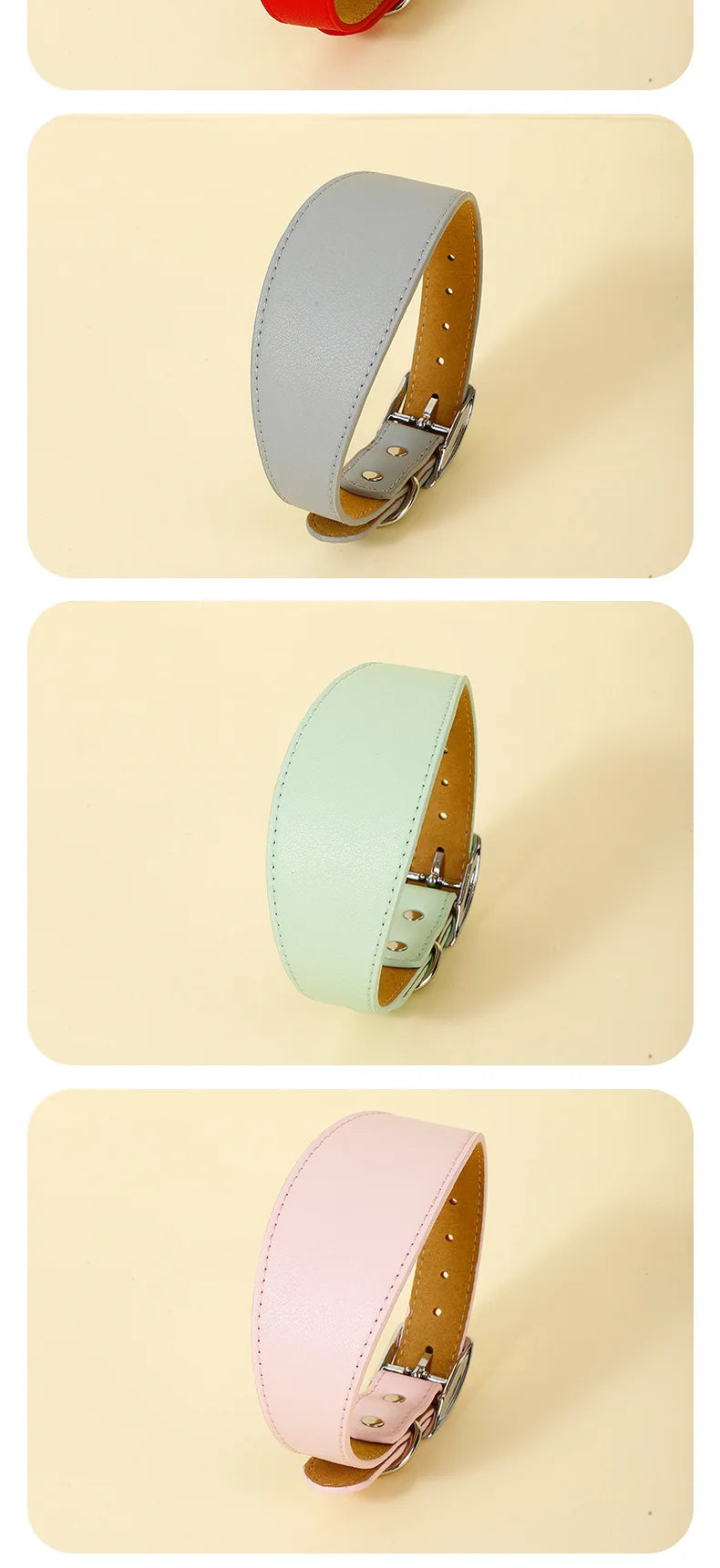 Three leather dog collars in gray, mint green, and pink colors displayed on a light background.