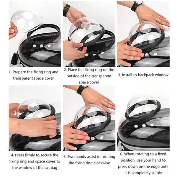 Instructions montrant comment préparer, placer et installer un porte-bébé transparent sur une fenêtre de sac à dos.