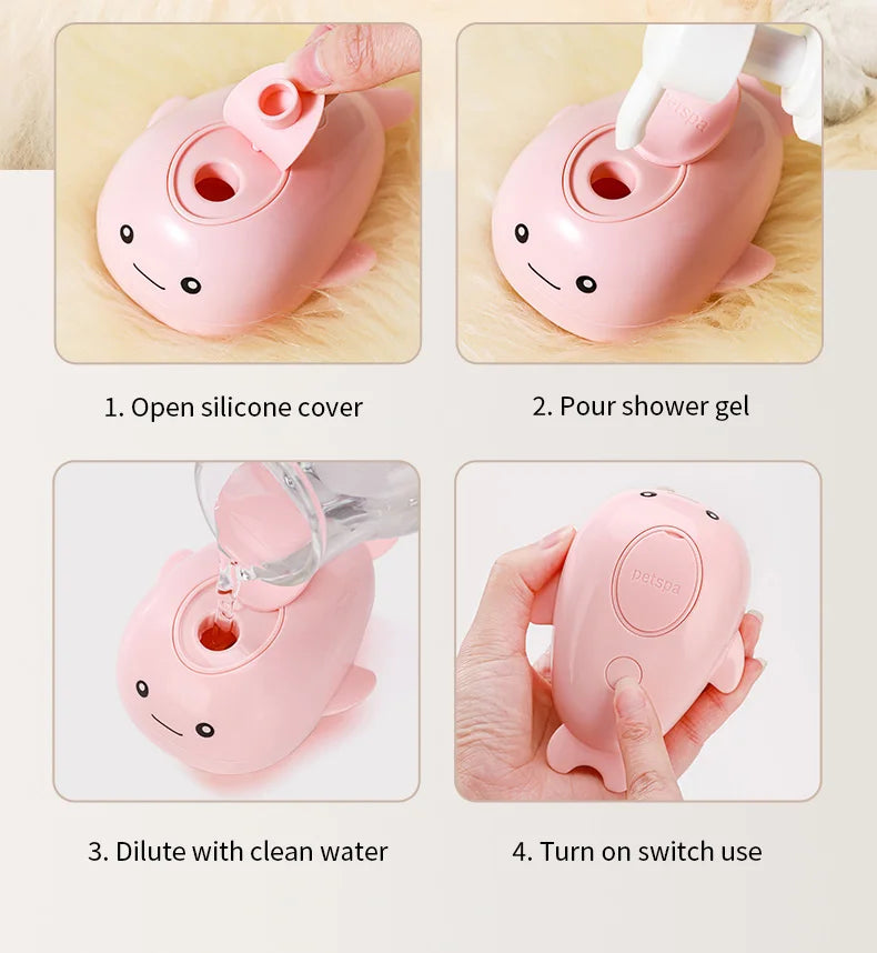 A pink electric pet grooming brush with a silicone cover being prepared for use, showing steps to open, pour gel, dilute with