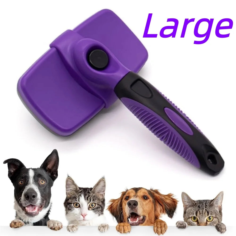 A purple multi-functional pet grooming comb and scratcher set with a black handle, shown next to several dogs.