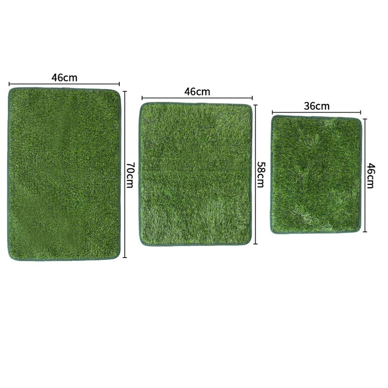 Three rectangular artificial grass dog potty pads of varying sizes and shades of green.
