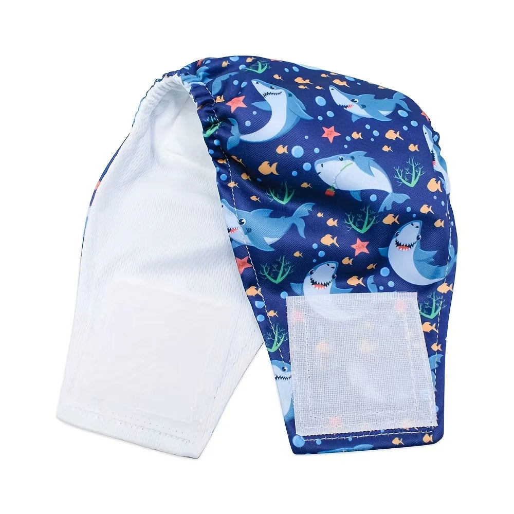 Blue and white patterned dog belly straps featuring a fish design for male dogs