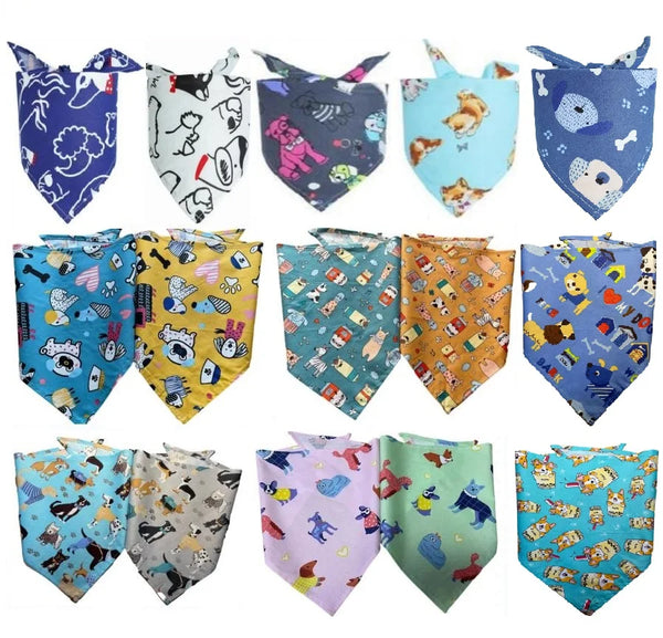 A collection of colorful cotton pet bandanas featuring various patterns and designs for dogs and cats.