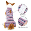 A purple and white protective recovery suit for a dog, showing details of the back velcro and high elastic comfort.