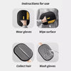 Instructions showing how to wear, wipe, collect hair, and wash the double-sided pet grooming gloves